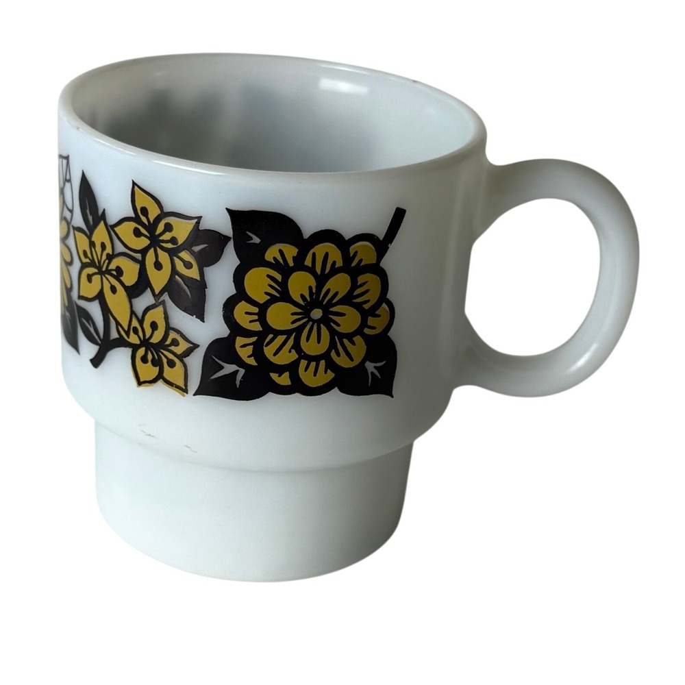 Hazel Atlas Sunflower Vintage Milk Glass Stackable Mug Yellow Black Floral Retro